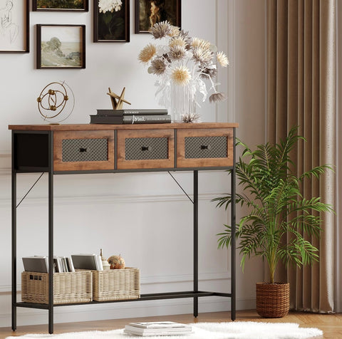 Narrow Entryway Table, Industrial Couch Table for Living Room, Hallway, Bedroom, Rustic Brown