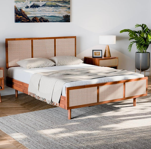 Queen Bed Frame and Headboard Unique Geometric, Mid Century Modern, Solid Acacia Wood, No Box Spring Needed, 12 Strong Wood Slats Support, Easy Assembly, Dark Chocolate