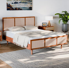 Queen Bed Frame and Headboard Unique Geometric, Mid Century Modern, Solid Acacia Wood, No Box Spring Needed, 12 Strong Wood Slats Support, Easy Assembly, Dark Chocolate