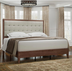 Mid Century Modern Wooden Platform Bed Frame with Upholstered Tuft Headboard Fluted Leg Base, Bed,Walnut
