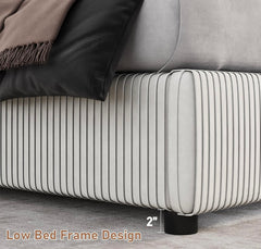 Queen Size Bed Frame, Velvet Upholstered Bed Frame with Vertical Channel Tufted Headboard, Low Profile Bed Design, No Box Spring Needed, Easy Assembly, Beige