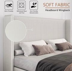 Queen Size Bed Frame, Velvet Upholstered Bed Frame with Vertical Channel Tufted Headboard, Low Profile Bed Design, No Box Spring Needed, Easy Assembly, Beige