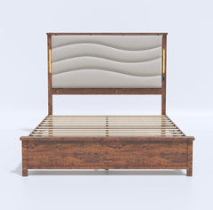 Queen Size Wooden Bed Frame with Tall Headboard, Boho Rustic Farmhouse Bedframe with Led Lights and Charging Station, Wood Slat Support, Sturdy & Easy Assembly (Brown Boho)