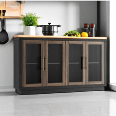 Buffet Cabinet with Storage, 55.1" Large Sideboard Buffet Cabinet, Modern Sideboard Kitchen Cabinet with 4 Fluted Glass Doors, Wood Coffee Bar Cabinet Buffet Table for Kitchen, Black/Brown