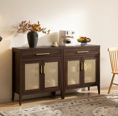 Sideboard Buffet Cabinet Set of 2, Wooden Credenza Storage Cabinet with Drawers and Metal Mesh Doors, Mid Century Modern Console Coffee Bar for Living Room and Entryway, Espresso Walnut