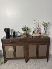 Sideboard Buffet Cabinet Set of 2, Wooden Credenza Storage Cabinet with Drawers and Metal Mesh Doors, Mid Century Modern Console Coffee Bar for Living Room and Entryway, Espresso Walnut