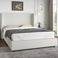 Queen Size Bed Frame, Velvet Upholstered Bed Frame with Vertical Channel Tufted Headboard, Low Profile Bed Design, No Box Spring Needed, Easy Assembly, Beige