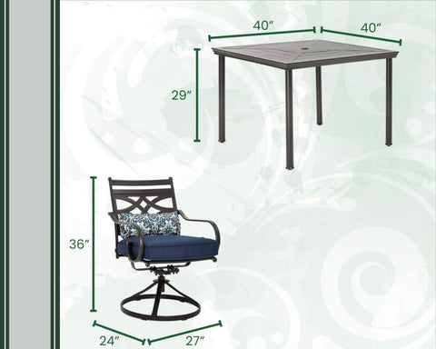 5-Piece Outdoor Patio Dining Set with Stamped Steel Square Dining Table and 4 Swivel Rocker Chairs with Plush Ocean Blue Cushions, Modern Weather Resistant Outdoor Furniture