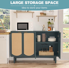 Sideboard Buffet Cabinet with 4 Rattan Doors, Accent Storage Cabinet with Shelves, Free Standing TV Console Table, Modern Teal Cabinet for Kitchen, Dining Room, Living Room, Bedroom, Hallway