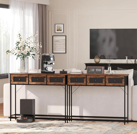 Narrow Entryway Table, Industrial Couch Table for Living Room, Hallway, Bedroom, Rustic Brown