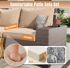 6 Pieces Patio Furniture Set Wicker Rattan Outdoor Sectional Conversation Set with Coffee Table and 4” Thickened Cushions, Beige (Waterproof Cover Included)