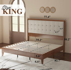 Mid Century Modern Wooden Platform Bed Frame with Upholstered Tuft Headboard Fluted Leg Base, Bed,Walnut