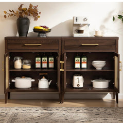 Sideboard Buffet Cabinet Set of 2, Wooden Credenza Storage Cabinet with Drawers and Metal Mesh Doors, Mid Century Modern Console Coffee Bar for Living Room and Entryway, Espresso Walnut
