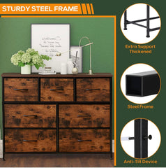 Dresser for Bedroom, 7 Storage Drawers, Wide Fabric Closet Chests Organizer Tower Furniture, TV Stand for TV up to 45 inch with Wooden Top Metal Frame for Clothes, Kids, Living Room, Hallway, Entryway