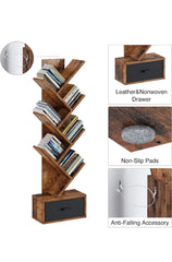 7 Tier Tree Bookshelf, Industrial Wood Bookcase, Vintage Storage Rack with Open Shelves, Rustic Standing Bookshelves Display Rack for Living Room, Bedroom, Rustic Brown Black