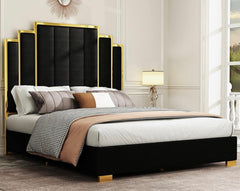 Platform Bed Frame, 61.4" Velvet Upholstered Bed with Gold Trim Headboard/Wooden Slats/No Box Spring Needed/Grey Queen