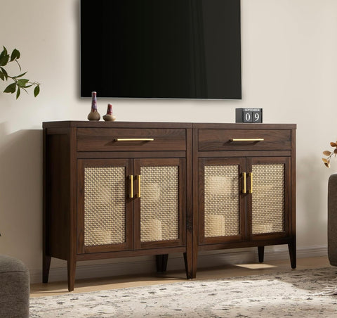 Sideboard Buffet Cabinet Set of 2, Wooden Credenza Storage Cabinet with Drawers and Metal Mesh Doors, Mid Century Modern Console Coffee Bar for Living Room and Entryway, Espresso Walnut