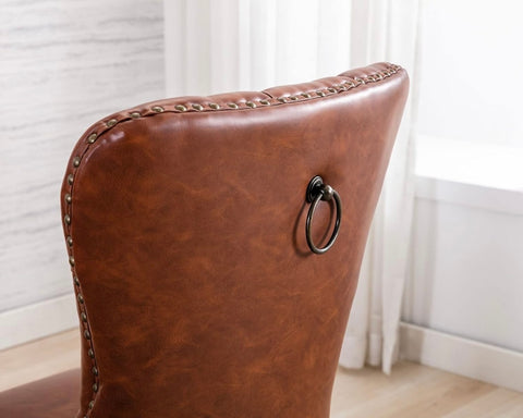 Leather Dining Chairs Set of 2 Modern Tufted PU Leather Elegant Chairs Armless Rubber Wood Vintage Chairs Upholstered Side Chairs for Kitchen/Cafe Decor Furniture, Brown with Pull Ring