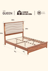 Queen Size Wooden Bed Frame with Tall Headboard, Boho Rustic Farmhouse Bedframe with Led Lights and Charging Station, Wood Slat Support, Sturdy & Easy Assembly (Brown Boho)