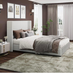 Queen Size Bed Frame, Velvet Upholstered Bed Frame with Vertical Channel Tufted Headboard, Low Profile Bed Design, No Box Spring Needed, Easy Assembly, Beige