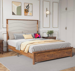 Queen Size Wooden Bed Frame with Tall Headboard, Boho Rustic Farmhouse Bedframe with Led Lights and Charging Station, Wood Slat Support, Sturdy & Easy Assembly (Brown Boho)