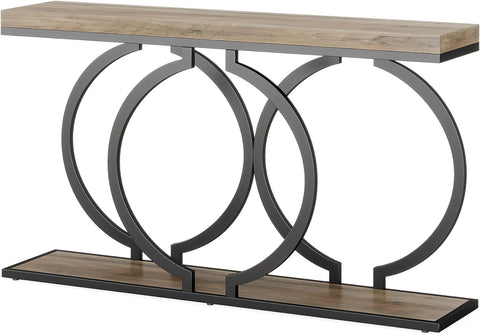 Rustic Accent Table for Living Room, Entrance Table Geometric Metal Frame, Vintage Grey