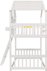House Bunk Bed Twin Over Twin for Kids, Wood Bunk Beds with Roof, Windows, Window Box and Small Door, Floor Bunk Beds with Ladder and Guard Rails for Girls Boys, White