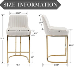 Beige Velvet Bar Stools Set of 2 Modern Counter Stools with Gold Legs 26 Inch Counter Height Bar Stools Upholstered Kitchen Island Chairs with Back