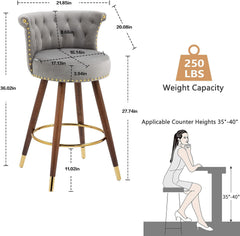 Bar Stools Set of 2, 27.7” Velvet Tufted Counter Height Barstools, 360-Degree Swivel Modern Upholstered Bar Chairs with Back & Footrest for Kitchen Island/Counter/Cafe, Grey