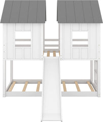 Twin-Over-Twin Wooden House Bunk Bed with Slide, Windows, Ladder and Guardrails, Twin Size White House Bunk Bed