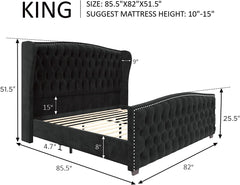 King Size Platform Bed Frame, Velvet Upholstered Bed with Deep Button Tufted & Nailhead Trim Wingback Headboard/No Box Spring Needed/Easy Assembly/Black