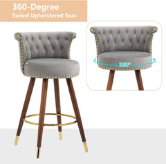 Bar Stools Set of 2, 27.7” Velvet Tufted Counter Height Barstools, 360-Degree Swivel Modern Upholstered Bar Chairs with Back & Footrest for Kitchen Island/Counter/Cafe, Grey