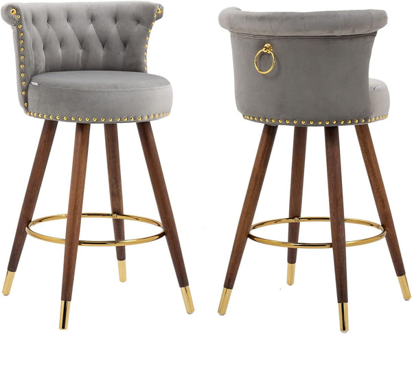 Bar Stools Set of 2, 27.7” Velvet Tufted Counter Height Barstools, 360-Degree Swivel Modern Upholstered Bar Chairs with Back & Footrest for Kitchen Island/Counter/Cafe, Grey
