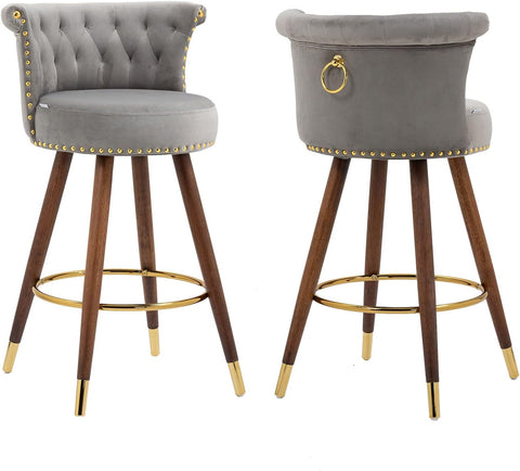 Bar Stools Set of 2, 27.7” Velvet Tufted Counter Height Barstools, 360-Degree Swivel Modern Upholstered Bar Chairs with Back & Footrest for Kitchen Island/Counter/Cafe, Grey