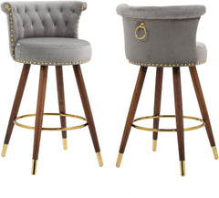 Bar Stools Set of 2, 27.7” Velvet Tufted Counter Height Barstools, 360-Degree Swivel Modern Upholstered Bar Chairs with Back & Footrest for Kitchen Island/Counter/Cafe, Grey