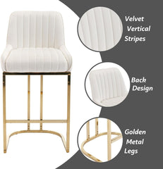 Beige Velvet Bar Stools Set of 2 Modern Counter Stools with Gold Legs 26 Inch Counter Height Bar Stools Upholstered Kitchen Island Chairs with Back