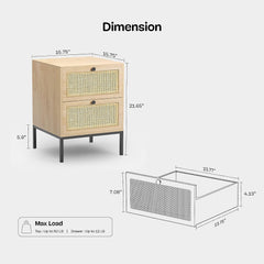 Rattan Nightstand with Drawers, End Table, Bedside Table Set of 2, natural