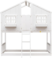 House Bunk Bed Twin Over Twin for Kids, Wood Bunk Beds with Roof, Windows, Window Box and Small Door, Floor Bunk Beds with Ladder and Guard Rails for Girls Boys, White