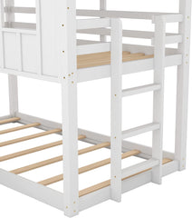 Twin-Over-Twin Wooden House Bunk Bed with Slide, Windows, Ladder and Guardrails, Twin Size White House Bunk Bed