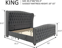 King Size Platform Bed Frame, Velvet Upholstered Bed with Deep Button Tufted & Nailhead Trim Wingback Headboard/No Box Spring Needed/Grey