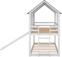 Twin-Over-Twin Wooden House Bunk Bed with Slide, Windows, Ladder and Guardrails, Twin Size White House Bunk Bed