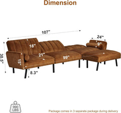 Velvet Sectional Convertible Sofa with Chaise, 107" L Shape Sectional Sofa Couch with USB, Split Back Folding Futon Couch for Living Room (Caramel Brown)