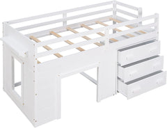 Twin Loft Bed with Cabinet and Storage, Low Loft Bed for Kids Playhouse Bed with Built-in Ladder(White, loft)