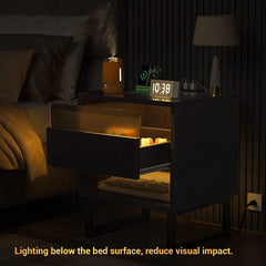 Set of 2 with Charging Station and LED Light, Bedside Table with Large Storage Drawer for Bedroom, Black Night Stand Modern End Table Sofa Side, Black Ebony Wood Color
