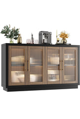 Buffet Cabinet with Storage, 55.1" Large Sideboard Buffet Cabinet, Modern Sideboard Kitchen Cabinet with 4 Fluted Glass Doors, Wood Coffee Bar Cabinet Buffet Table for Kitchen, Black/Brown