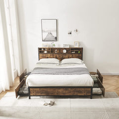 Queen Bed Frame with Bookcase Headboard and 4 Storage Drawers, Vintage Brown