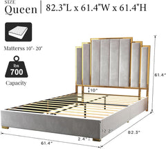 Platform Bed Frame, 61.4" Velvet Upholstered Bed with Gold Trim Headboard/Wooden Slats/No Box Spring Needed/Grey Queen