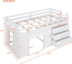 Twin Loft Bed with Cabinet and Storage, Low Loft Bed for Kids Playhouse Bed with Built-in Ladder(White, loft)