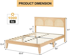 Platform Bed Frame with LED Lights and Rattan Headboard, Wooden Support Legs, No Box Spring Needed, Easy Assembly