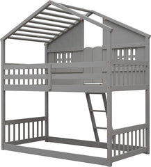 Twin Over Twin House Bunk Beds with Roof and Window, Wooden House Bunk Bed with Window Box and Window Door,Twin Playhouse Bunk Bed with Safety Guardrails and Ladder